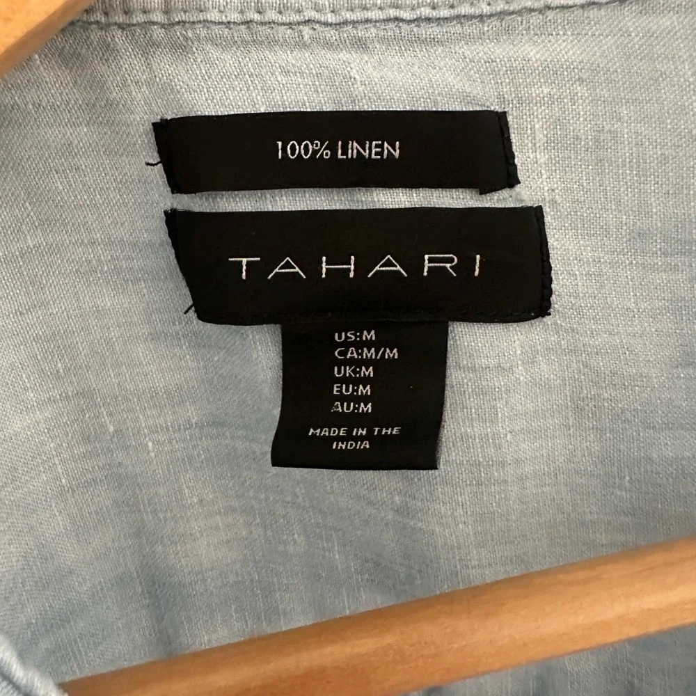 Tahari Women’s Linen Button Detail Blouse Light Blue 3/4 Sleeve Medium - Picture 3 of 8